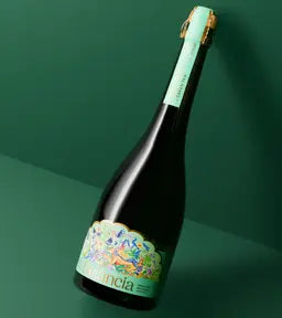 A bottle of Delância botanical sparkling wine leaning diagonally against a rich green background