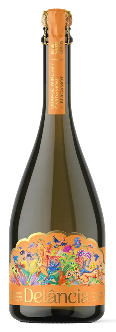 Chilled bubbly bottle of Delância orange botanical wine on a plain background