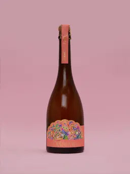 A bottle of Delância rosé botanical sparkling wine set against a solid pink background