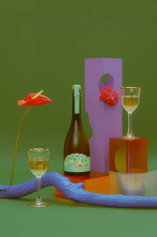 Delância white botanical sparkling wine bottle featured in a colourful, artistic studio lifestyle display with crystal glasses